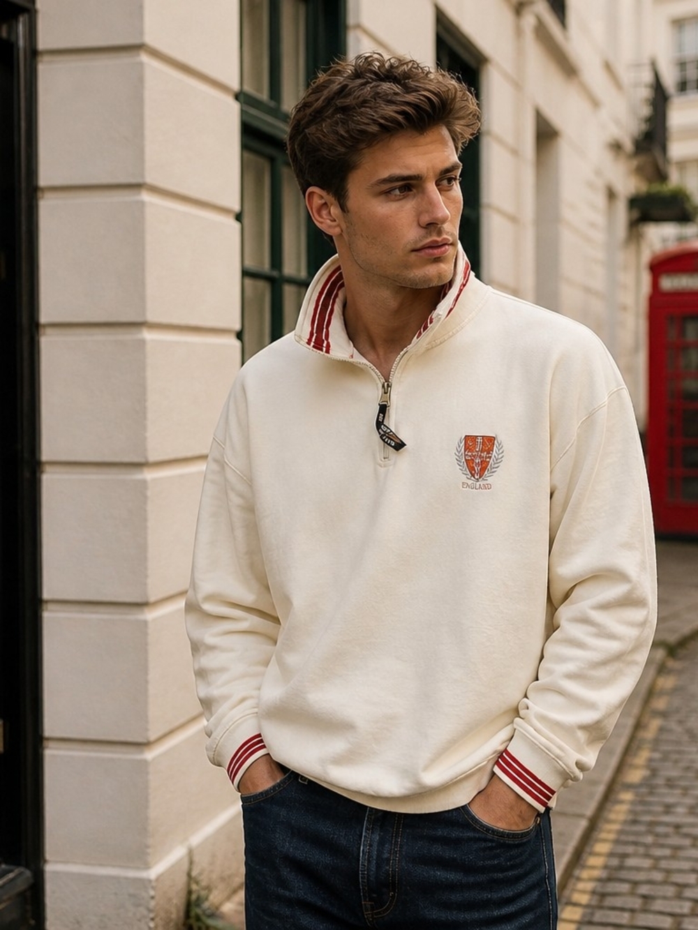 Gear For Sports Cream Half-Zip Pullover with Red Stripe Accents English Crest